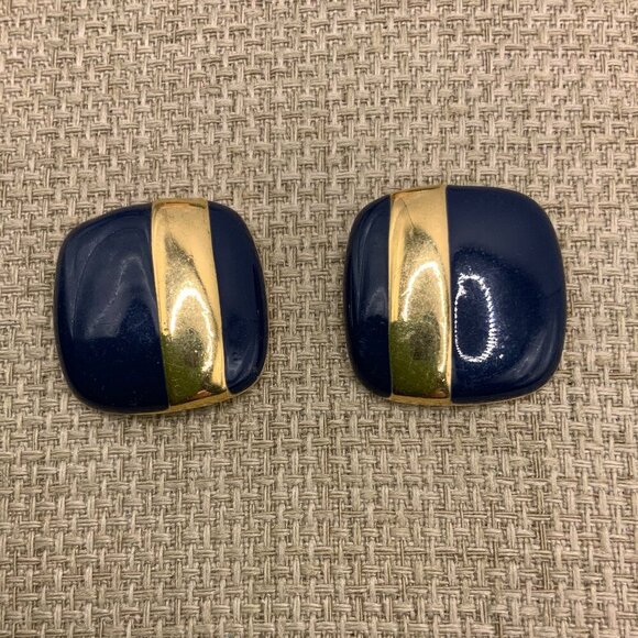 Sarah Coventry Vintage Navy Gold Tone Striped Square Stud Earrings - Picture 1 of 6